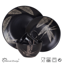 Simple Leave Design Black Ceramic Dinner Set